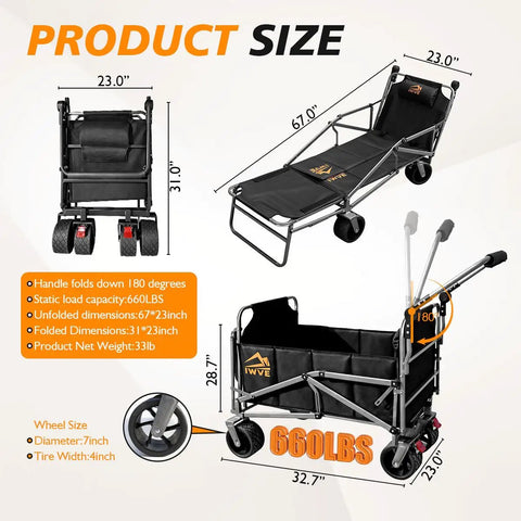 Heavy Duty Folding Wagon Cart With 660 Lb Capacity, 3 In 1 Reclining Camping Wagon, Adjustable Handle, All Terrain Wheels shown in folded and unfolded states
