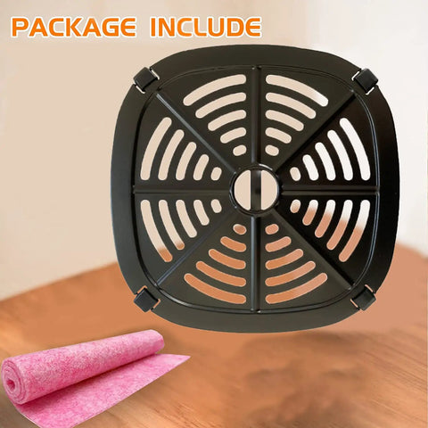 Premium Air Fryer Crisper Tray For Dash Mini 2.6 Qt with pink cleaning cloth, carbon steel nonstick grill pan insert.