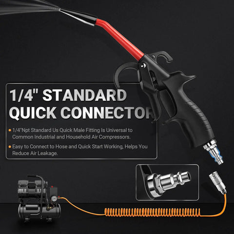 Heavy Duty 290 Max PSI Air Blow Gun For Compressors With Quarter Inch Inlet Angled Nozzle Trigger Flow Control Rubber Tip