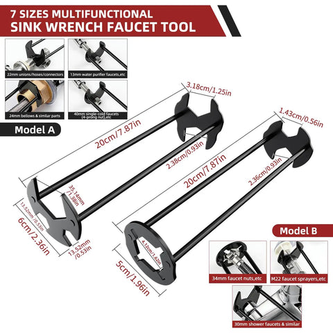 Tight Space Plumbing Tool Set with 7 sizes multifunctional sink wrench tool, models A and B, various uses and measurements.