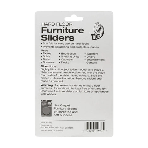 Back of packaging for Felt Furniture Sliders, showing usage instructions and product details.