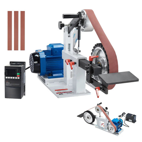 Badass Belt Grinder Sander With Slick Variable Speed VFD Drive And 2Hp Motor For 72X2 Inch Belts, showing motor, belt, and control panel.