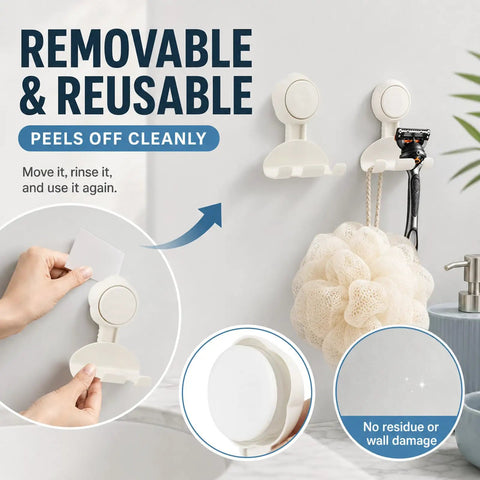 Hassle Free Heavy Duty Suction Cup Razor Holders For Bathroom Sink Organizer With Super Strong No Drill Grip Towel And Loofah Hooks Clutter Free Kitchen And Shower Storage Rack 2 Pack, showing reusable suction hooks on a bathroom wall.
