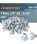 Heavy Duty Zinc Plated Tee Nuts 1/4 20 Thread 50 Pack for woodworking furniture builds close-up view of steel fasteners.