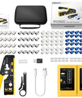 RJ45 Pass-Through Crimp Tool For Cat7 Ethernet Cables kit with connectors, cable tester, and USB-C cable displayed.