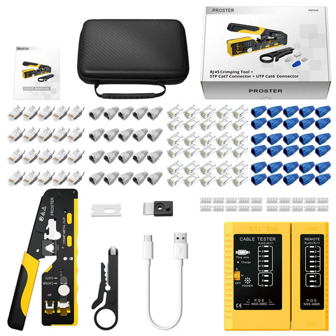 RJ45 Pass-Through Crimp Tool For Cat7 Ethernet Cables kit with connectors, cable tester, and USB-C cable displayed.