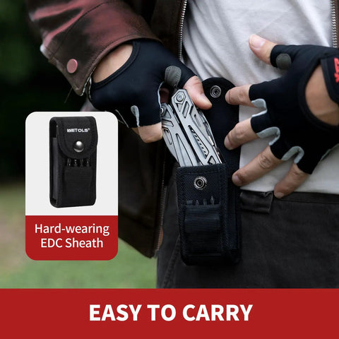 Person inserting 21 In 1 Stainless Steel Multitool with Pliers and Pocket Knife into sheath on belt.
