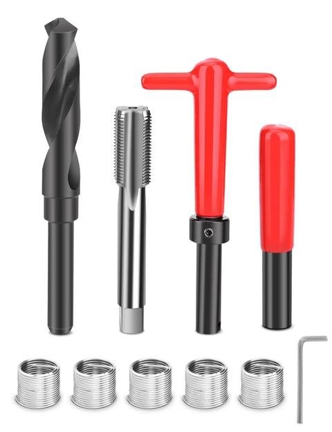 Thread repair kit M18x1.5 with helicoil inserts; drill bit, thread tap, red T-handle tool, red handle, five inserts