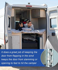 Open camper van with 2 Pack Lippert Compatible Trailer Door Hinge RV Door Hinge RV Entry Door Friction Hinge Assembly 6 Leaf White.