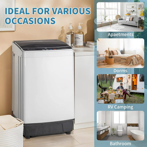 Slick 17.6 Lbs Compact Portable Washer With Clear Led Screen set in various spaces like apartments, dorms, RVs, and bathrooms.