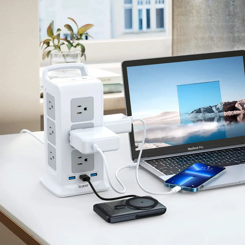 15 In 1 Tower Power Strip With USB And ETL Certified 1800J Surge Protection 1875W 15A 12 Outlets And 3 USB Ports used at desk