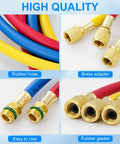Five Foot Pro Grade AC Manifold Gauge Hose Kit For R134A Refrigerant Systems With 1/2 Inch SAE Threads And 600 PSI Rating, Three Color Charging Hoses, Flexible 60 Inch Length, Replacement For Standard AC Gauges showing red, blue, yellow hoses and brass adapters