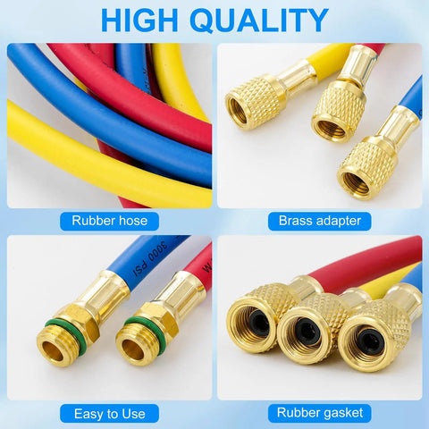 Five Foot Pro Grade AC Manifold Gauge Hose Kit For R134A Refrigerant Systems With 1/2 Inch SAE Threads And 600 PSI Rating, Three Color Charging Hoses, Flexible 60 Inch Length, Replacement For Standard AC Gauges showing red, blue, yellow hoses and brass adapters