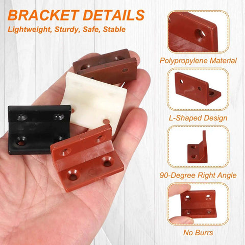 The Real Deal 50 Pack Yellow Large Square L Brackets 1.5 By 0.9 Inch Thick Plastic Corner Braces With Screws Double Duty Gear For Wood Cabinets Shelves And Fence Repairs in hand.