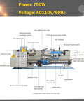 Heavy Duty 7X14 Inch Mini Metal Lathe With Variable Speed Control And Brushless Motor showing features and components with labels for precision use.