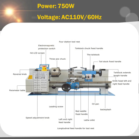 Heavy Duty 7X14 Inch Mini Metal Lathe With Variable Speed Control And Brushless Motor showing features and components with labels for precision use.