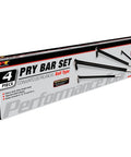 Box of Roll Type Pry Bar Set 4 Piece Built Tough Heavy Duty Steel With Corrosion Resistant Powder Coat Finish Includes 6 Inch 12 Inch 16 Inch And 20 Inch Pry Bars
