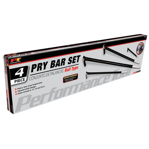 Box of Roll Type Pry Bar Set 4 Piece Built Tough Heavy Duty Steel With Corrosion Resistant Powder Coat Finish Includes 6 Inch 12 Inch 16 Inch And 20 Inch Pry Bars