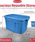 Heavy Duty Stackable Storage Bins 18 Gallon Plastic Totes With Lids And Handles Heritage Blue 10 Pack dimensions 23.88 x 16.38 x 17.5 inches.