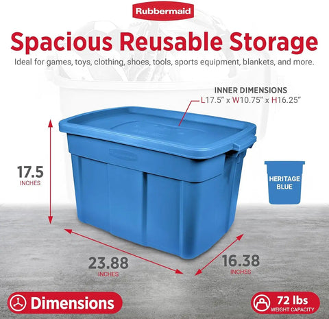 Heavy Duty Stackable Storage Bins 18 Gallon Plastic Totes With Lids And Handles Heritage Blue 10 Pack dimensions 23.88 x 16.38 x 17.5 inches.