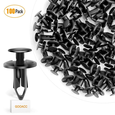 Hella Tough Nylon Bumper Fastener Rivet Clips One Hundred Piece Assortment Kit Eight Mm universal push pin anchors with black clips.