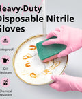 Top Shelf Disposable Nitrile Dish Gloves With Extended 12 Inch Cuff, 6 Mil Thick Guard, Cherry Blossom Print, Latex Free, Straight Up Reliable For Deep Cleaning And Hair Dye, Box Of 100, in use during scrubbing a bowl.