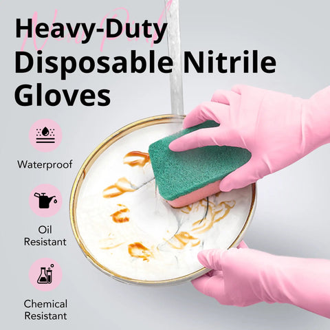 Top Shelf Disposable Nitrile Dish Gloves With Extended 12 Inch Cuff, 6 Mil Thick Guard, Cherry Blossom Print, Latex Free, Straight Up Reliable For Deep Cleaning And Hair Dye, Box Of 100, in use during scrubbing a bowl.