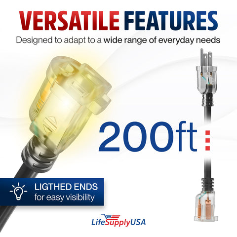 Image of Beefy 200ft Outdoor Indoor Extension Cord with lit ends, 12/3 Gauge, 125V, 3 Prong, SJTW, waterproof, ideal for construction use.