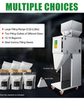 Heavy Duty Stainless Steel Automatic Filling Machine For Tea Seeds Coffee Beans Grains And More Dual Vibration Particle Weighing Filler Adjustable 10 To 999 Gram Range Bag And Bottle Filler 110V 200W with multiple choices and large filling range displayed.