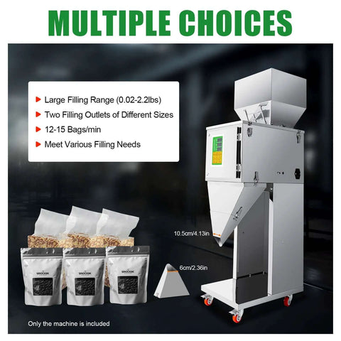 Heavy Duty Stainless Steel Automatic Filling Machine For Tea Seeds Coffee Beans Grains And More Dual Vibration Particle Weighing Filler Adjustable 10 To 999 Gram Range Bag And Bottle Filler 110V 200W with multiple choices and large filling range displayed.