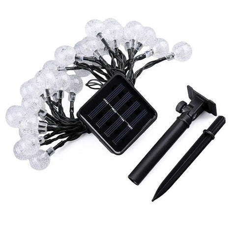 Solar Powered String Lights With 200 LEDs, 72 ft Long, 8 Modes, Waterproof Crystal Globe Balls and solar panel.