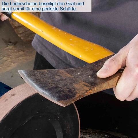 Heavy Duty Wet Bench Grinder With Water Cooled 250 Mm Corundum Whetstone And Leather Honing Wheel Engineered For Quick Blade Sharpening And Shop Ready Work, sharpening an axe.