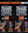 Badass Heavy 1500Nm Cordless Impact Wrench With Massive Torque And Brushless Motor Beast showing forward and reverse switch functionality.