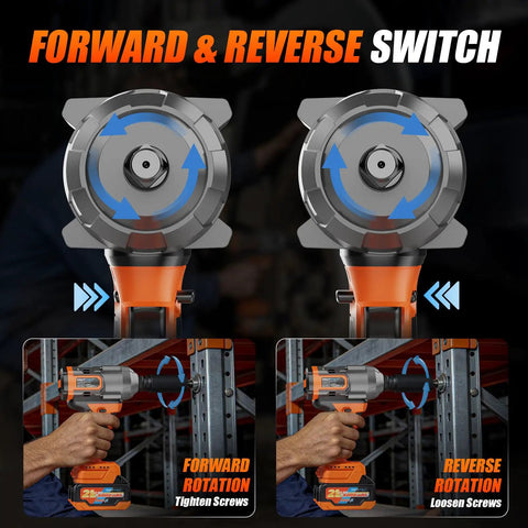 Badass Heavy 1500Nm Cordless Impact Wrench With Massive Torque And Brushless Motor Beast showing forward and reverse switch functionality.