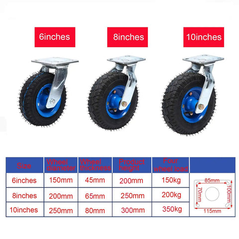 Top Shelf Rubber Inflatable Caster Wheels, Swivel Cart Casters With Brake, Heavy Duty Replacement Wheels for 6, 8, 10 inch sizes.