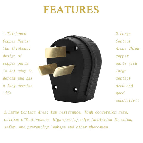 Close-up of Heavy Duty Nema 10-50P Plug For Electric Dryer And Range 50 Amp 125 250 Volt with thick brass contacts.