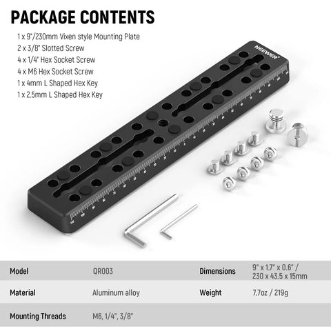 9 Inch Vixen Style Dovetail Rail Plate With Metal Mounting Saddle Dual Countersink Slots For Balancing Gear And M6 One Quarter Inch And Three Eighths Inch Camera Screws For OTA Telescope Mount Adapter And Equatorial Tripod, showing components and dimensions