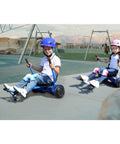 Children riding hoverboards with a seat attachment at a park. Hoverboard Seat Attachment Fits 6.5 To 10 Inch Self Balancing Scooters, Go Kart Conversion Kit, Ride On Go Cart Accessory For Kids And Adults, Purple And Easy Install