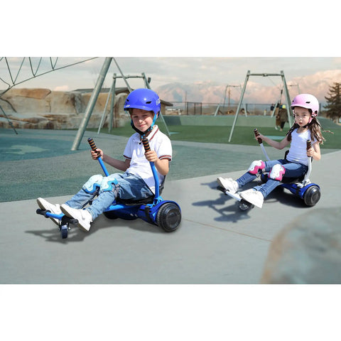 Children riding hoverboards with a seat attachment at a park. Hoverboard Seat Attachment Fits 6.5 To 10 Inch Self Balancing Scooters, Go Kart Conversion Kit, Ride On Go Cart Accessory For Kids And Adults, Purple And Easy Install