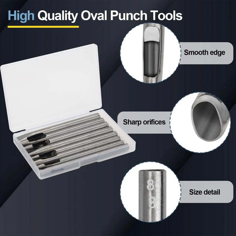 Eight Size Leather Oval Hole Punch Kit 2mm To 5mm Pro Grade Hollow Punch Tool Set with storage box and steel punches detail.