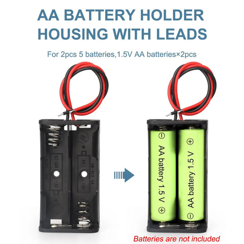 Four Pack Of Hella Reliable AA Battery Holders With Attached Leads And Stainless Steel Contacts For Effortless Power Delivery And A Straight Up No Fuss Housing That Keeps Batteries Securely Locked Away. Two AA battery holder with leads, tough plastic, showing internal springs.