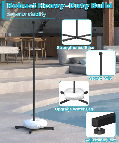 Sturdy Metal Pool Float Rack Organizer For Poolside Storage Holds 5 To 6 Swim Rings 64 Inch Tall with strengthened base and water bag.