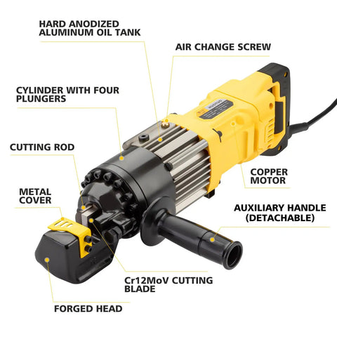 5/8 Inch Cordless Electric Hydraulic Rebar Cutter 1000W Portable Steel Bar Tool RC16A showing cutting rod and copper motor features.