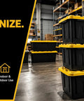 Heavy Duty Storage Totes With Secure Snap Fit Lids, 27 Gallon Stackable Plastic Bins for garage and industrial use.