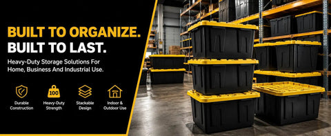 Heavy Duty Storage Totes With Secure Snap Fit Lids, 27 Gallon Stackable Plastic Bins for garage and industrial use.