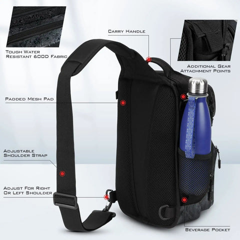 Back view of BlowBak Tactical Sling Tackle Bag Lightweight Fishing Backpack showing adjustable strap and water bottle pocket
