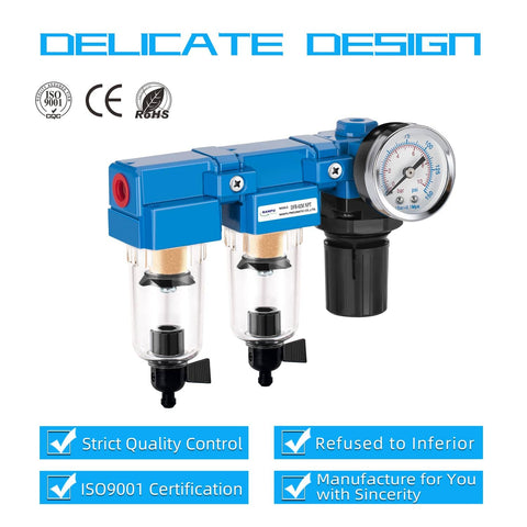 One Quarter Inch NPT Air Drying System With Dual Air Filters And Regulator Combo Manual Drain Poly Bowl For Shop Air Lines Durable And Easy Maintenance