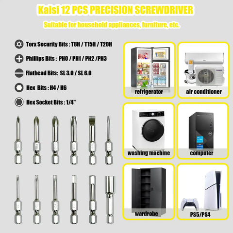 Kaisi 12 pcs precision screwdriver bits with images of appliances and PS5/PS4 console for household repairs.