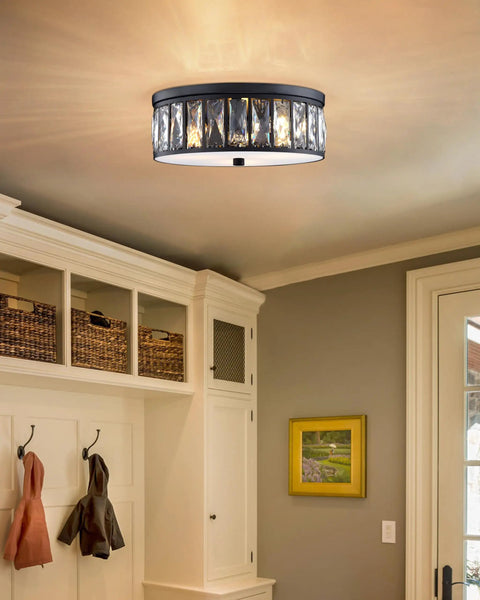Crystal K9 Farmhouse Drum Semi Flush Mount Ceiling Light With Black Finish Dope Industrial Modern Chandelier 3 Light 12 Inch Fixture For Living Room Dining Room Kitchen Island Hallway installed in a cozy entryway with white cabinetry and hooks for coats.