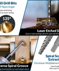 39 Piece Bolt Extractor And Drill Bit Kit For Damaged Fasteners Including Frozen Studs Rusted Rounded Off Bolts And Screws Easy Out Set With Multi Spline Extractors To Conquer Tough Stubborn Bolts shown with HSS drill bits and laser etched size gauge.